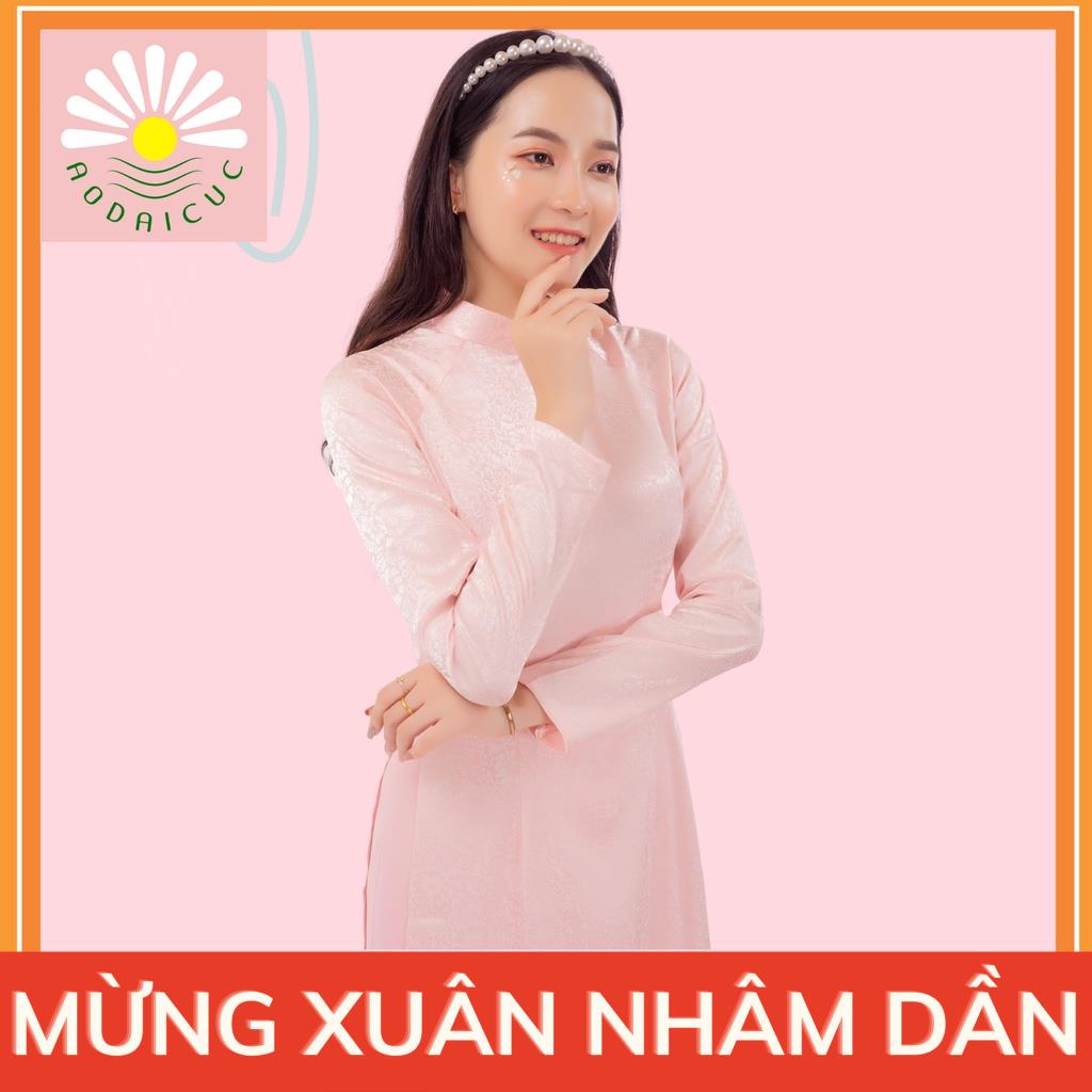 Áo dài nữ, áo dài hai tà màu hồng phấn, lụa gấm họa tiết 3D nổi, cổ vuông 2cm, tay dài truyền thống