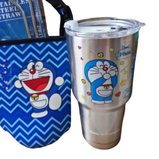 Combo Ly giữ nhiệt 900ml hình DOREMON KÈM TÚI + 2 ỐNG HÚT + CỌ RỬA