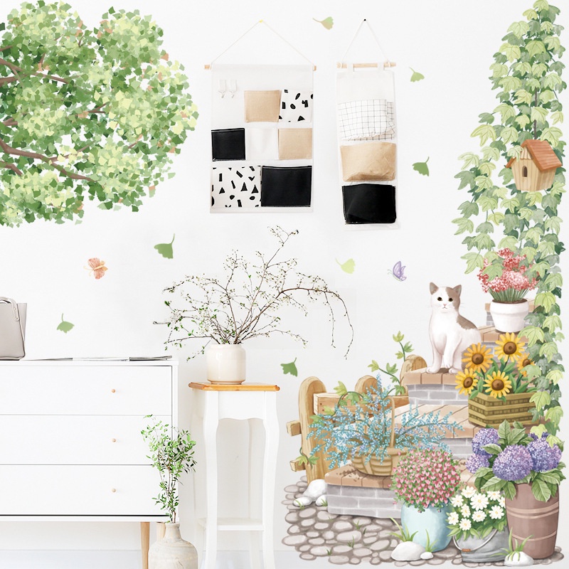 Decal dán tường decor mèo xinh ngồi bậc thang trang trí phòng khách, cửa hàng