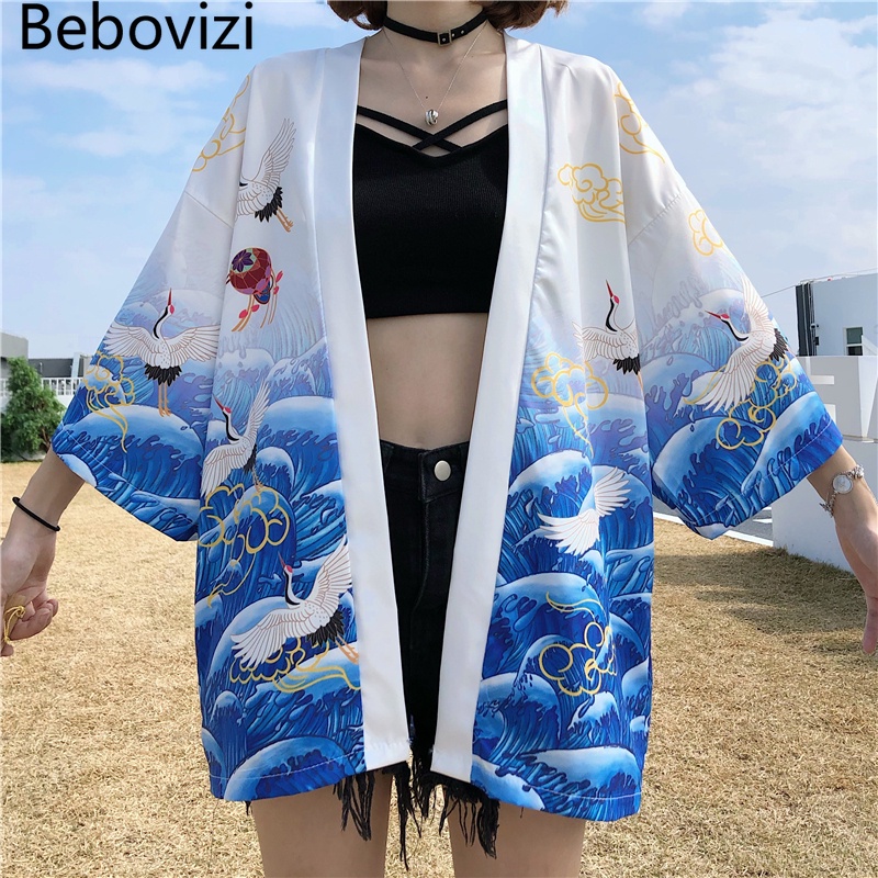 Áo Khoác Kimono In Hình Chim Hạc Thời Trang Mùa Hè Cho Nữ