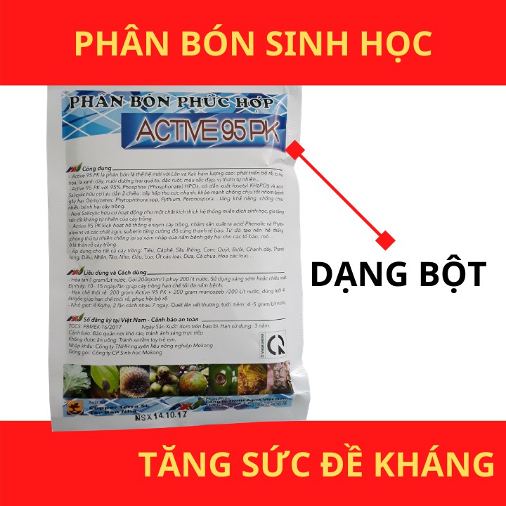 Phân bón Active 95pk, kích kháng sinh học phòng bệnh đốm đen vàng lá ở cây hoa gói 25gram