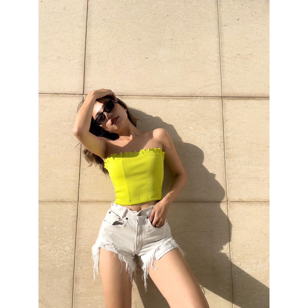 Áo ống croptop tube top quây thun gân co giãn màu vàng chanh rực rỡ