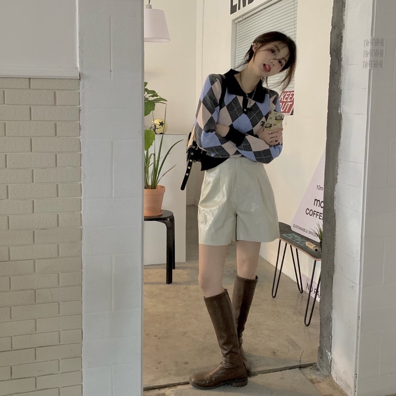 Áo len ZHELIHANGFEI dệt kim tay dài dáng rộng cổ polo họa tiết hình thoi dễ thương cho nữ