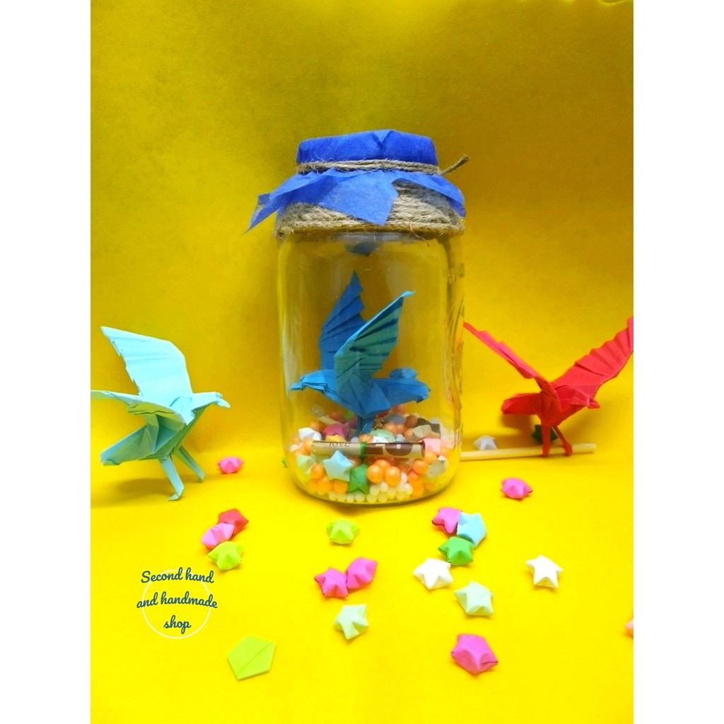 Handmade - Lọ thủy tinh lưu niệm nghệ thuật Giấy xếp Origami Nhật Bản hình chim ưng tung cánh