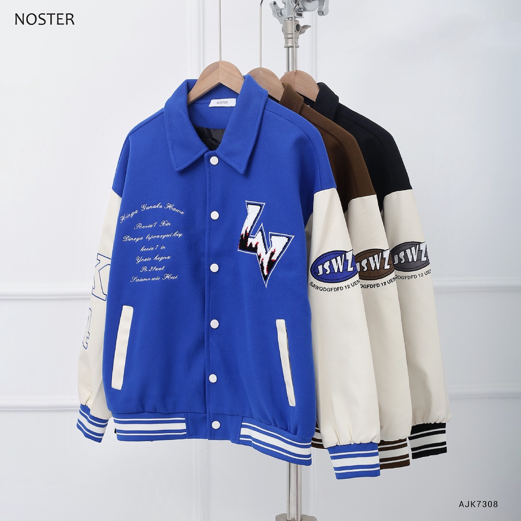 Áo Jacket có cổ, chất dạ phối tay da, họa tiết chữ thêu đẹp, phom dáng trẻ trung - Thương hiệu NOSTER mã AJK7308