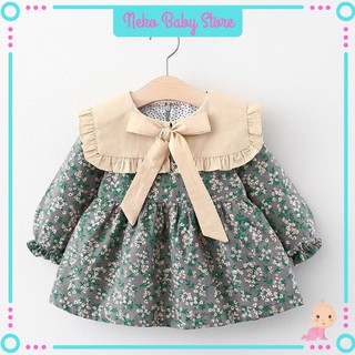 Váy cho bé ⚡ẢNH THẬT⚡ Đầm hoa nhí cho bé dáng baby doll cổ sen vuông gắn nơ dáng công chúa