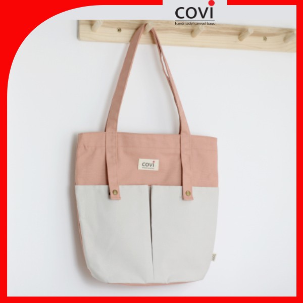 Túi vải canvas, túi tote đựng giấy A4 phom đứng phối 2 nút trước thời trang COVI nhiều màu sắc T8