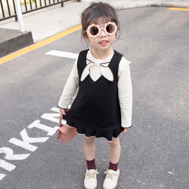 Set áo dệt kim tay dài + chân váy dệt kim cho bé gái