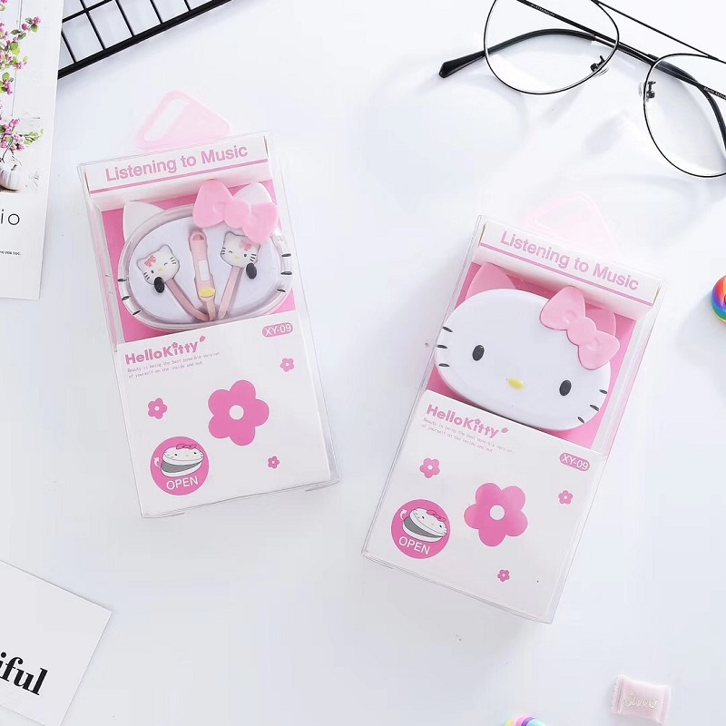 Tai Nghe Nhét Tai Có Dây Hình Hoạt Hình Disney Hello Kitty Dễ Thương Kèm Hộp Đựng