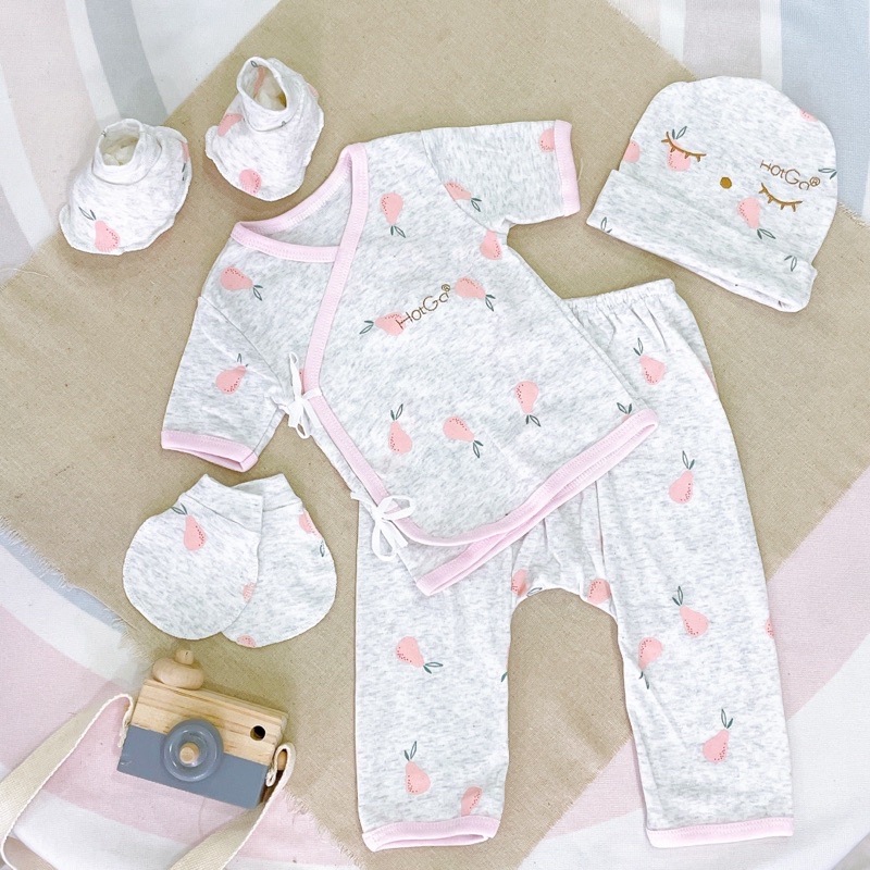 Set quần áo sơ sinh 0-3m cotton borip xuất họa tiết - 5 món