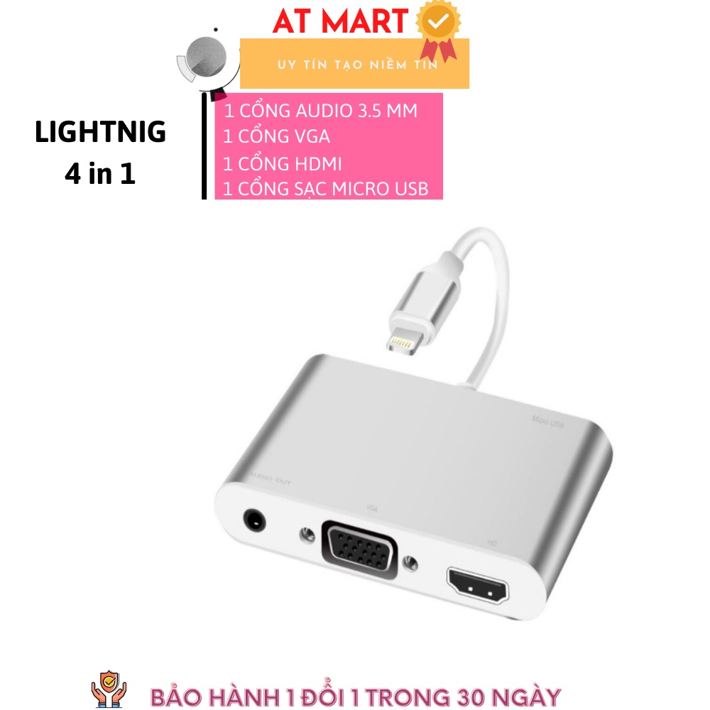 Bộ chuyển đổi LIGHTNNING to HDMI hoặc VGA có cổng tín hiệu âm thanh không cần cài đặt tiện lợi 4 IN 1
