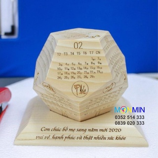 Lịch gỗ để bàn nguyên khối 12 mặt - Khắc theo yêu cầu, lịch gỗ ngũ giác phong thủy - Quà tết tặng sếp, khách hàng