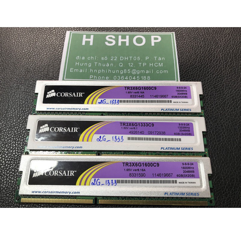 Ram 4Gb DDR3 bus 1333 - 10600U, Kit 4gb (2x2gb), ram tản nhiệt bộ hiệu CORSAIR, tháo máy chính hãng, bảo hành 3 năm