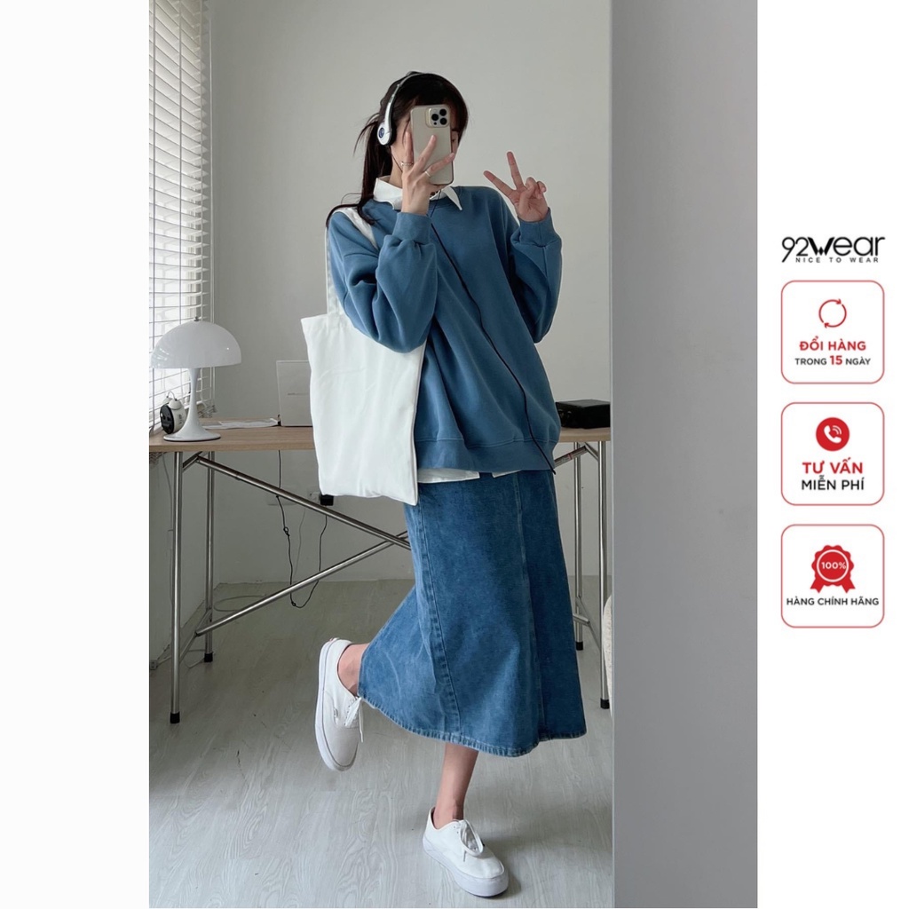 Áo nỉ sweater 92WEAR thiết kế dáng rộng basic, freesize màu sắc đa dạng, hot trend cực dễ phối đồ WA083