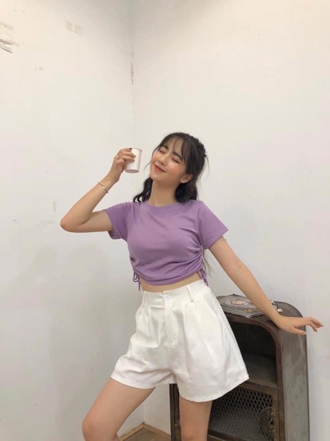 Free ship_Áo croptop dây rút 2 bên trơn