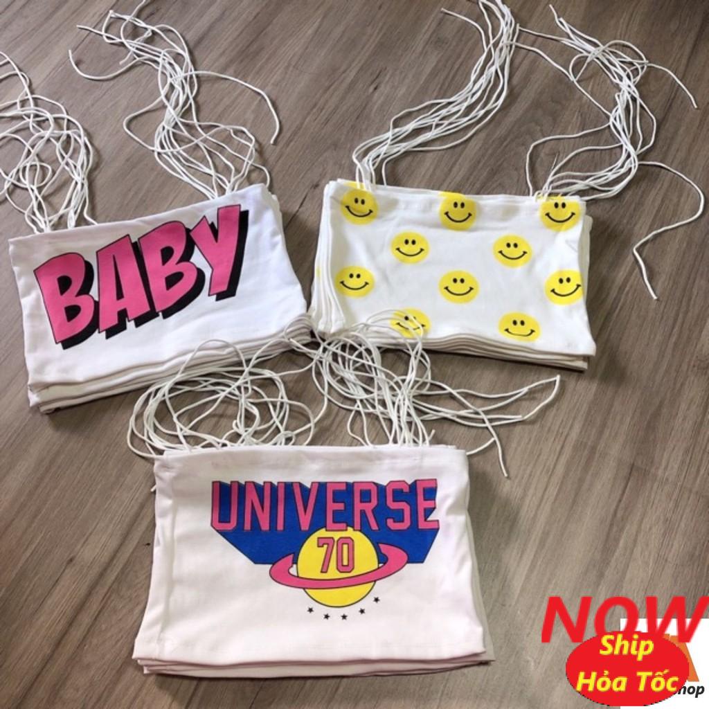 Áo 2 dây nữ thắt nơ vai croptop body phối kiểu in hình kute FreeSize dưới 53kg