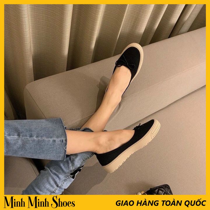 Giầy Lười Đế Cao Su Trẻ Trung Nhẹ Nhàng, Giày Búp Bê Thắt Dây Nơ, Full Size - Màu Đen
