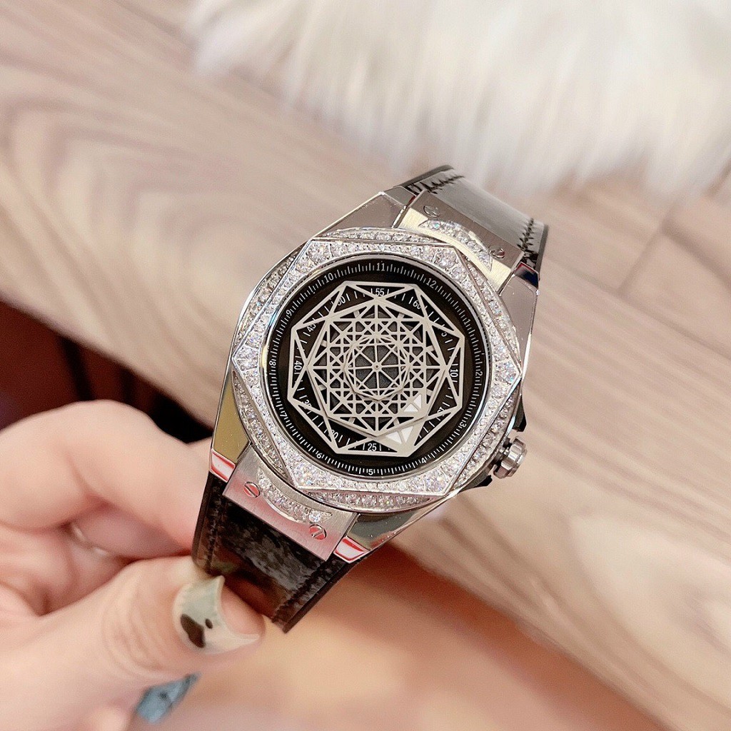 Đồng Hồ Huboler Hanboro Nữ Dây Silicon Bọc Da Đen Silver Authentic 38mm