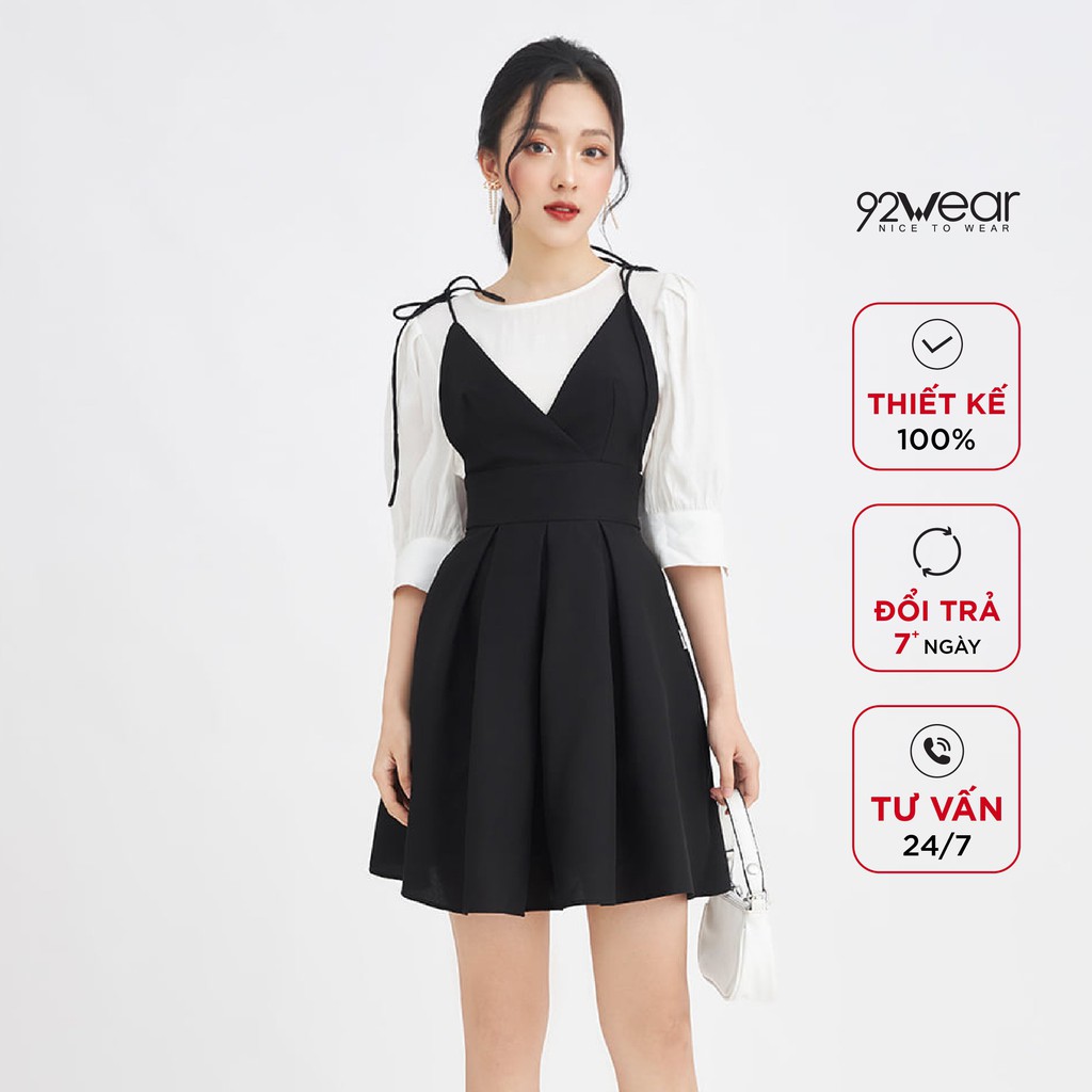 Đầm xòe tay lửng trắng phối màu DEW0053 - 92Wear