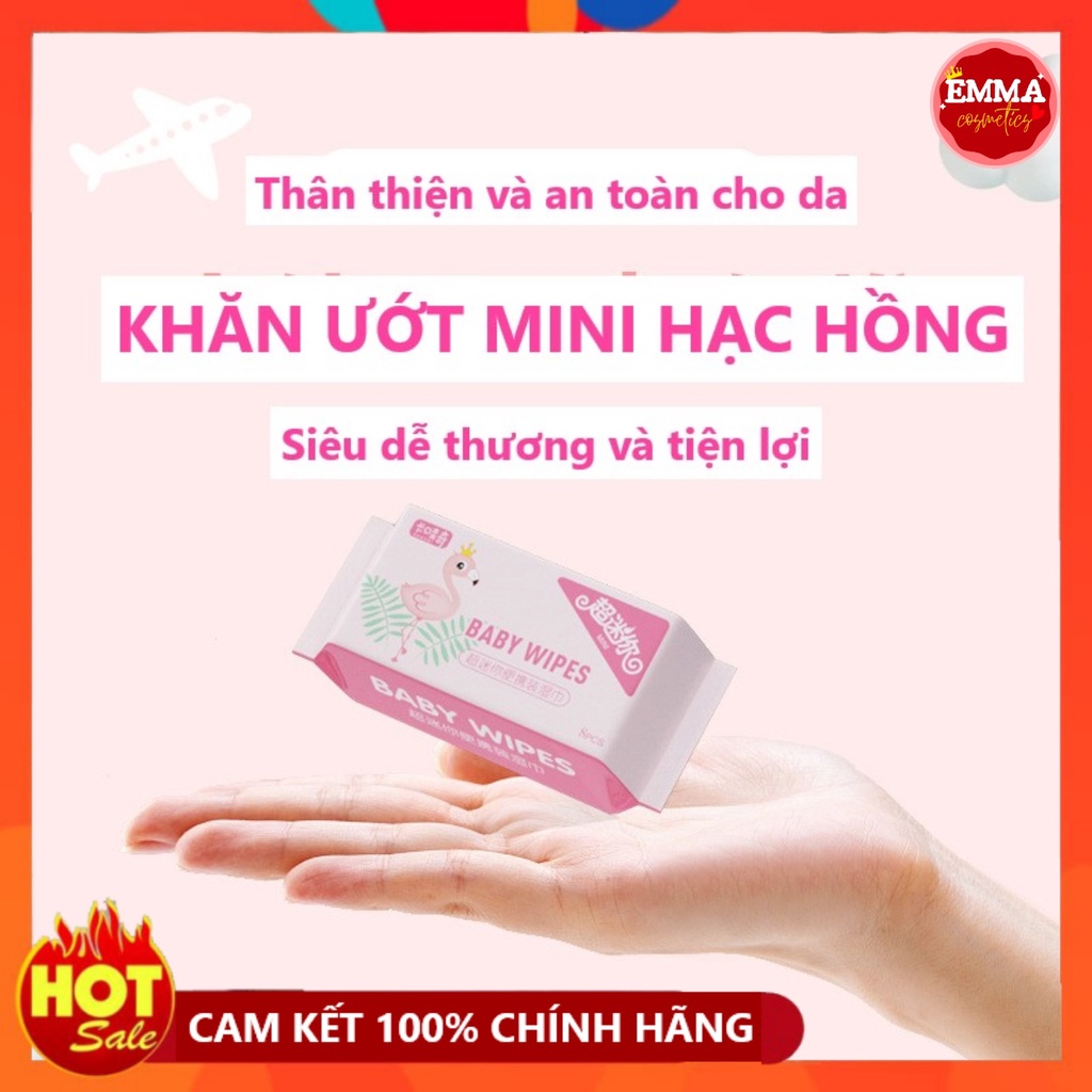 Khăn Ướt Mini KAWAQI Hạc Hồng Baby Wipes Tiện Lợi 1 Gói 8 Miếng