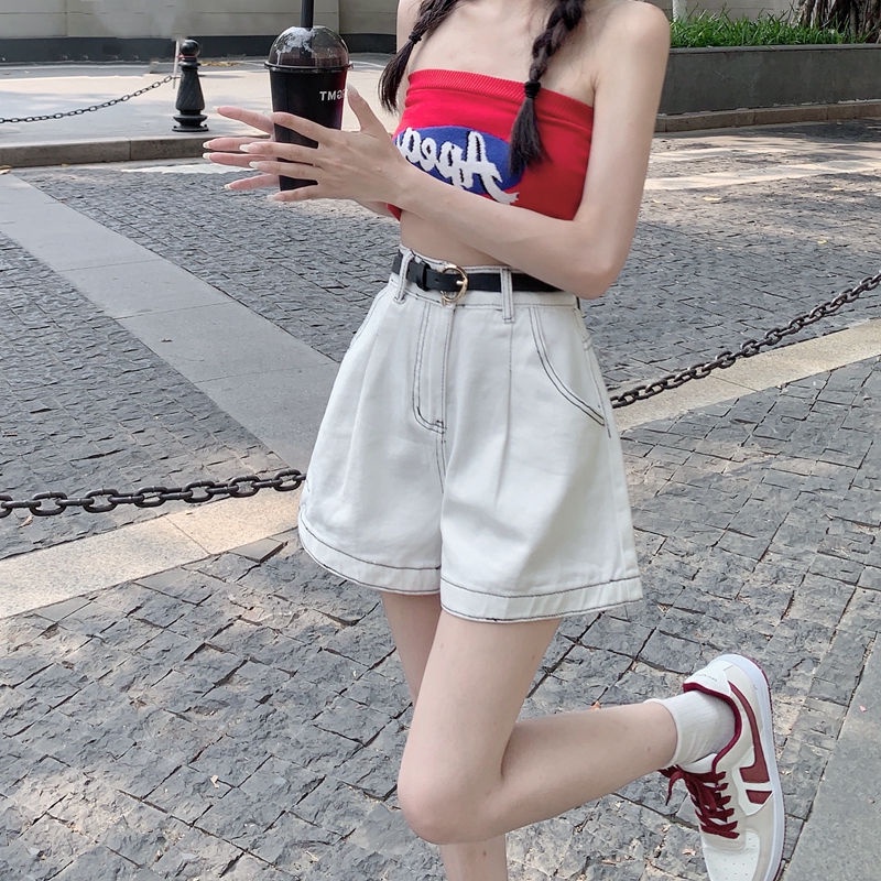 Quần Short Denim Ống Rộng Lưng Cao Phong Cách Hàn Quốc Mới Cho Nữ
