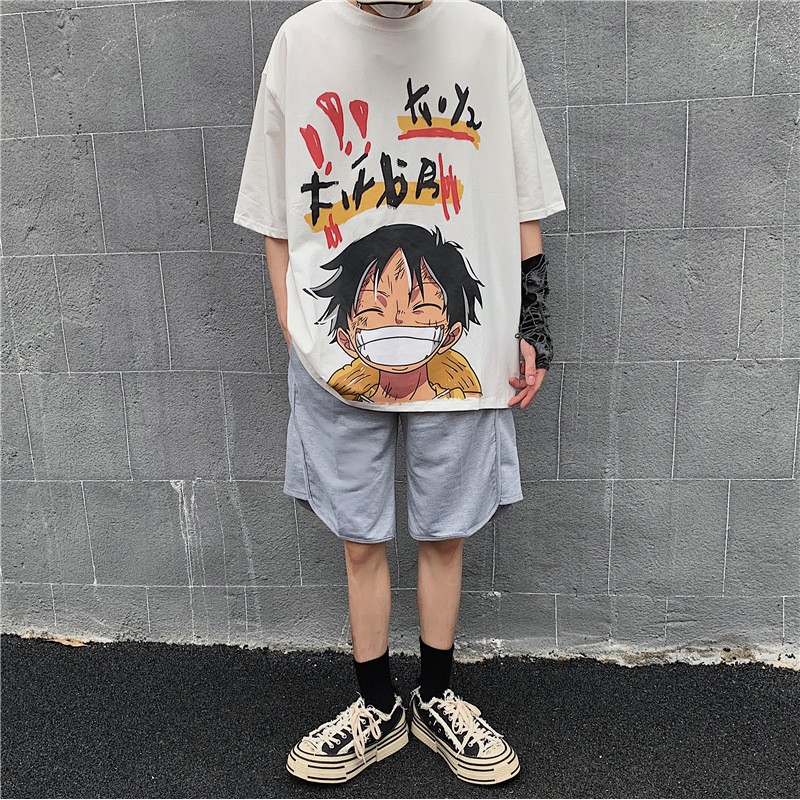 Áo thun tay ngắn dáng rộng in hoạt hình One piece phong cách Hàn Quốc thời trang dành cho nam size s-8xl