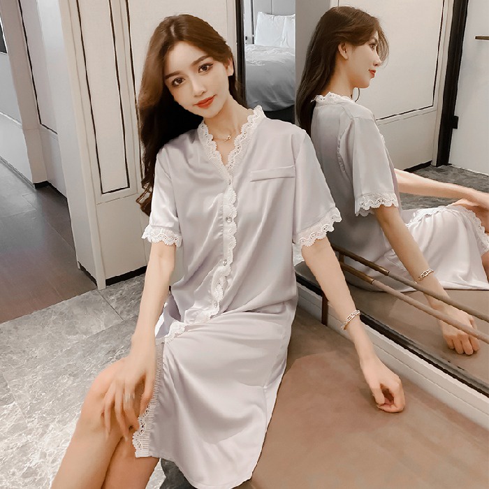 Đầm Ngủ Tay Ngắn Bằng Lụa Satin Thoải Mái Hàng Mới Dành Cho Bạn Nữ Mặc Nhà
