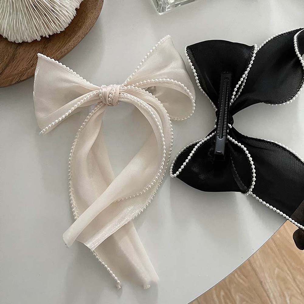 Kẹp Tóc Hình Nơ Bằng Vải Lụa Đính Hạt Ngọc Trai Thời Trang Hàn Quốc Cho Nữ