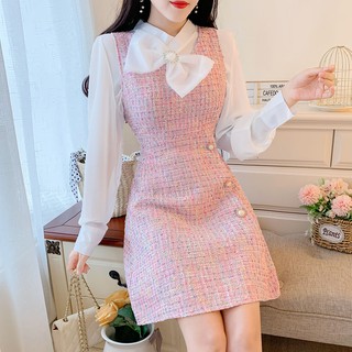 Set áo sơ mi voan trắng nơ cổ phối đầm tweed sát nách nút ngọc siu xinh (có hình thật)