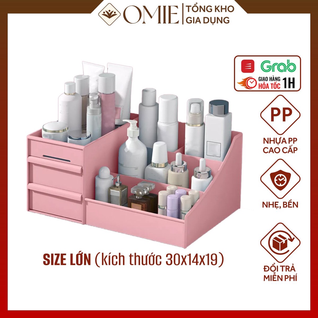 Kệ đựng mỹ phẩm 3 tầng 2 ngăn kéo, hộp đựng đồ trang điểm, makeup Omie bằng nhựa cao cấp LOẠI TO