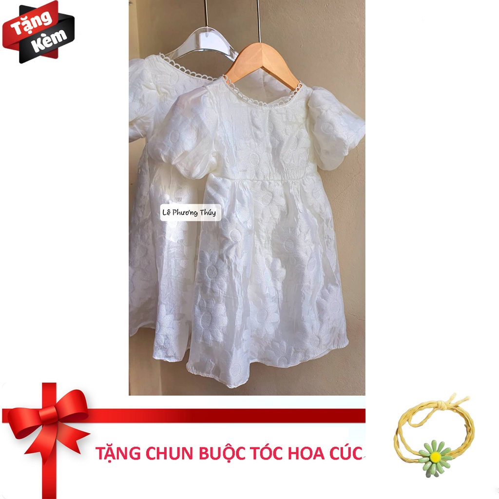 ⭐TẶNG CHUN BUỘC TÓC HOA CÚC⭐ĐẦM TRẮNG BỒNG TAY HOA GẤM CAO CẤP 2 LỚP CHO BÉ GÁI⭐