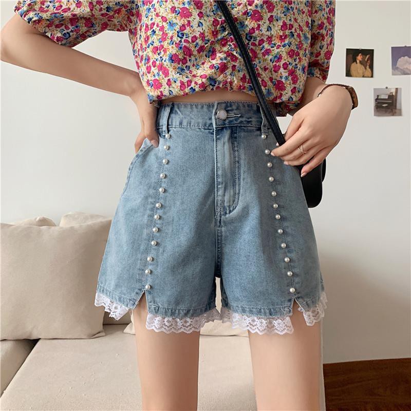 Quần Short Denim Ống Rộng Phối Ren Phong Cách Hàn Quốc