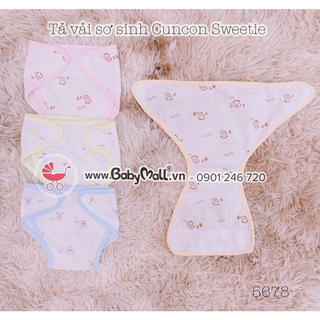 Tã vải sơ sinh Cuncon Sweetie | Size 1,2,3 cho bé sơ sinh - 6kg | Miếng dán bo viền, chất vải mềm mịn