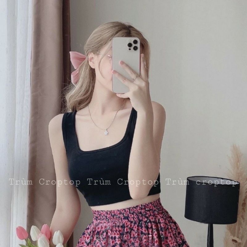 Áo Croptop 2 Dây Cổ Vuông Bản To Sát Nách Chất Len Tăm Form Ôm Body Cực Dễ Phối Đồ Dưới 53kg