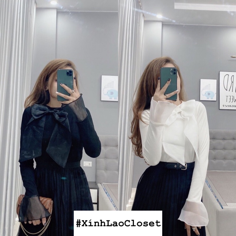 Áo tăm cổ nơ tay voan xoè( ảnh thật shop chụp 100%)