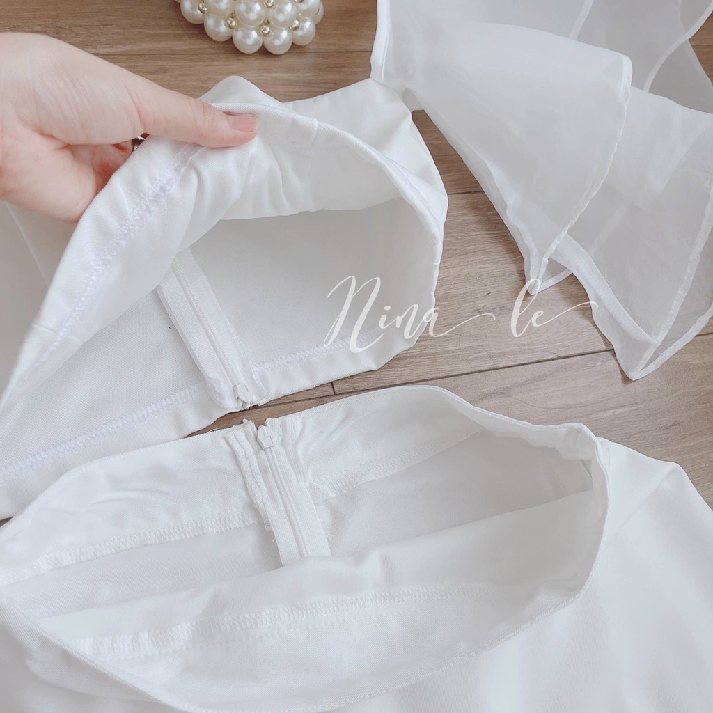Sét Váy Nữ Thời Trang Mặc Đi Chơi, Sét Váy Umi Phối Voan Hoa Áo Trễ Vai Tay Bèo Ôm Ngực Mix Chân Váy Xẻ Trước Phong Cách