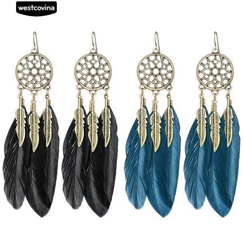 Cặp bông tai tua rua phối lông vũ thời trang nữ cổ điển