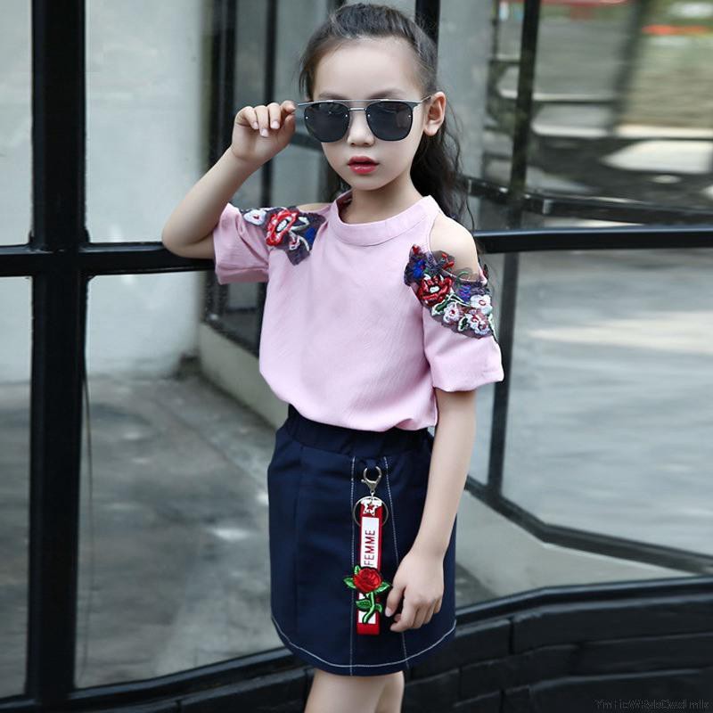 Set Áo Trễ Vai Tay Ngắn Hoạ Tiết Hoa + Chân Váy Cho Bé Gái