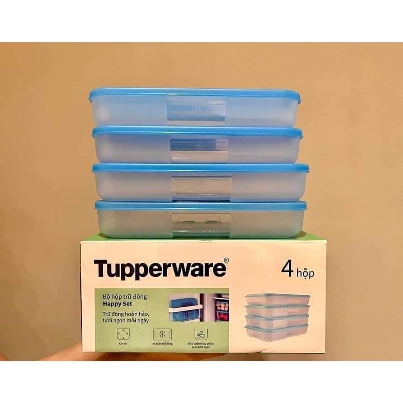 Set Đông Dẹt 650ml 4 hộp Nắp vàng nhạt