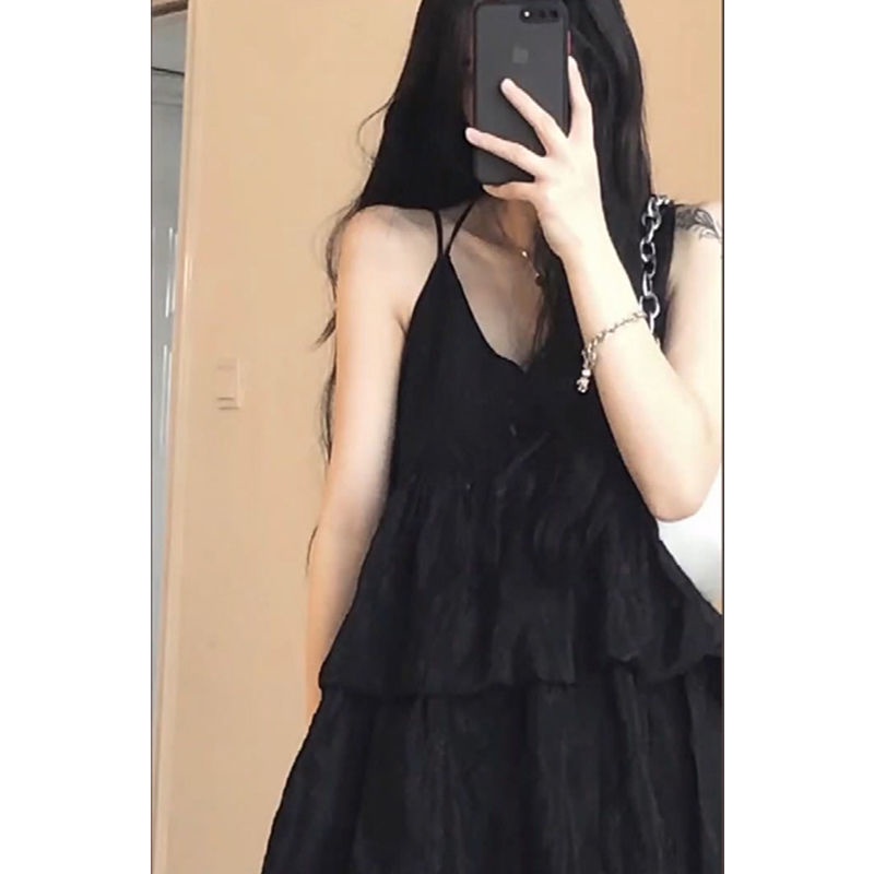 Đầm Hai Dây Dáng Chữ a Eo Cao Cổ Chữ v Phối Bèo Và Chân Váy Chữ a Eo Cao Phong Cách Hàn Quốc Dành Cho Nữ