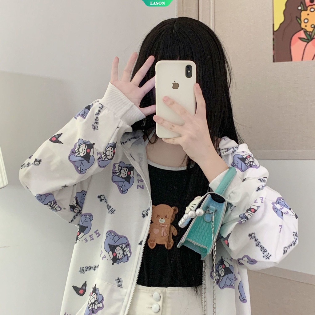 Áo Khoác Cardigan Có Mũ Dáng Rộng In Hình Sanrio Kuromi Thời Trang Thu Đông 2022