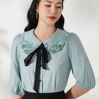 Áo nữ thiết kế Hong Vic xanh mint cổ sen SM438