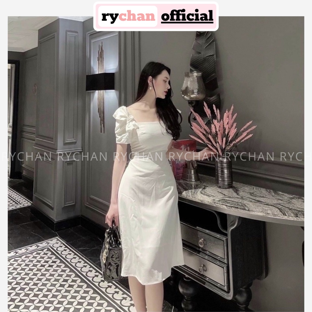 Đầm Nữ Dự Tiệc Dáng Dài Cổ Vuông Tay Phống Nhún Bo Eo Xếp Nơ Sang Chảnh Màu ĐenTrắng - DX9863