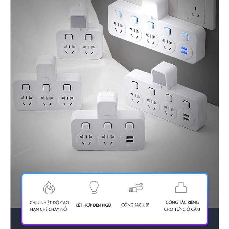 Ổ cắm điện đa chức năng  FREESHIP  tích hợp 4 ổ cắm và 2 cổng sạc USB có đèn ngủ báo sáng