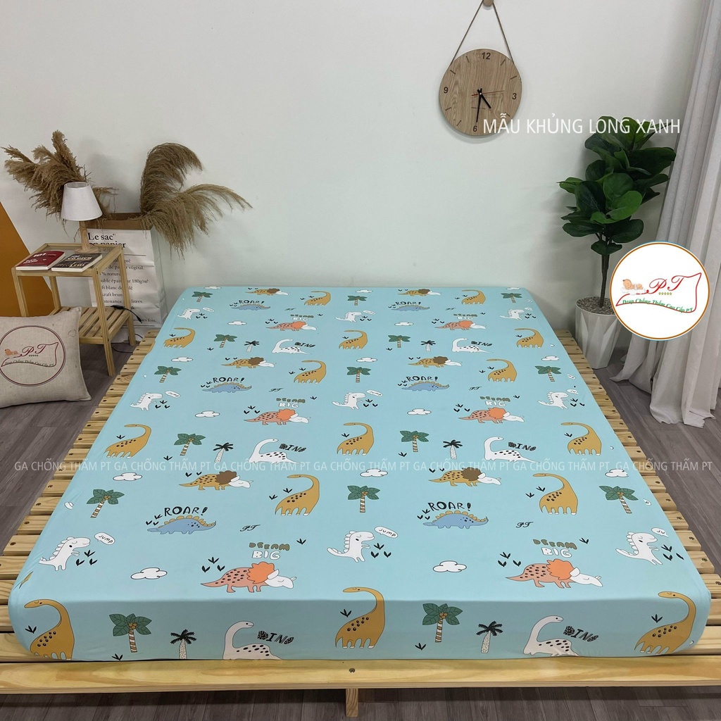 Bộ ga chống thấm cho bé cao cấp kèm vỏ gối, drap chống thấm chính hãng PT chất liệu lụa Organic (mẫu khủng long xanh)