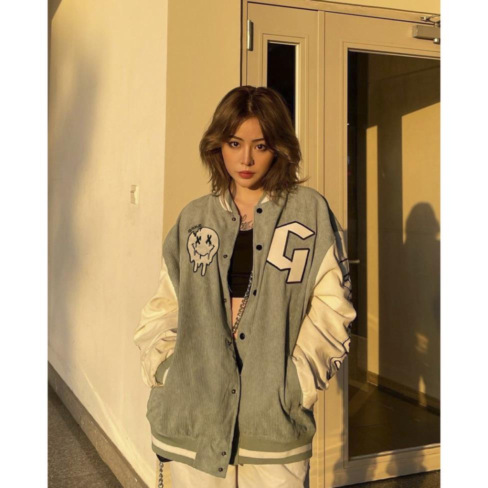 Áo khoác bomber, Varsity Jacket Gonz Xanh Mint nam nữ Form rộng,nhung tăm, phong cách, cá tính