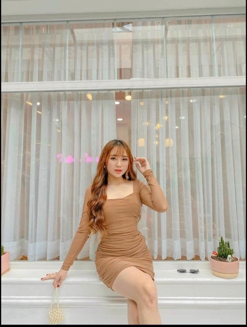 Đầm body lưới tay dài 2 màu đen nâu