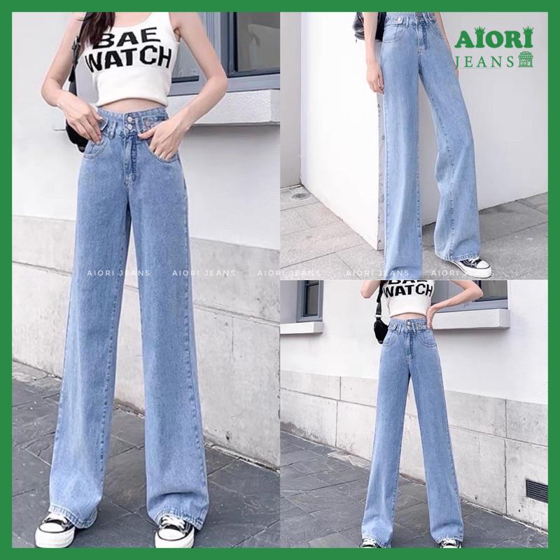 Quần Jean Nữ AIORI Ống Rộng Lưng Cao Trơn Jeans Ống Suông Cạp Cao Cotton Mềm Mịn, Thời Trang Hàn Quốc_AF3364