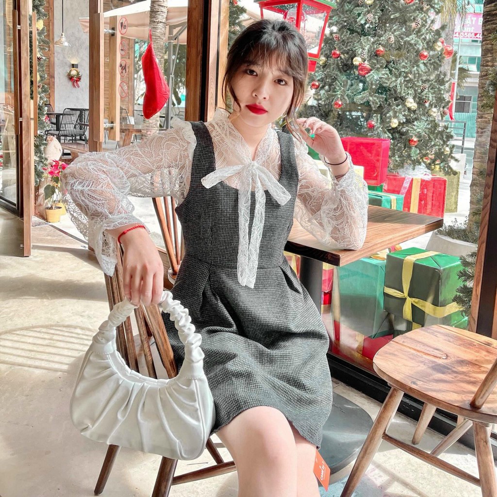 Set áo sơ mi thắt nơ và váy tiểu thư vải dạ tweed ulzzang