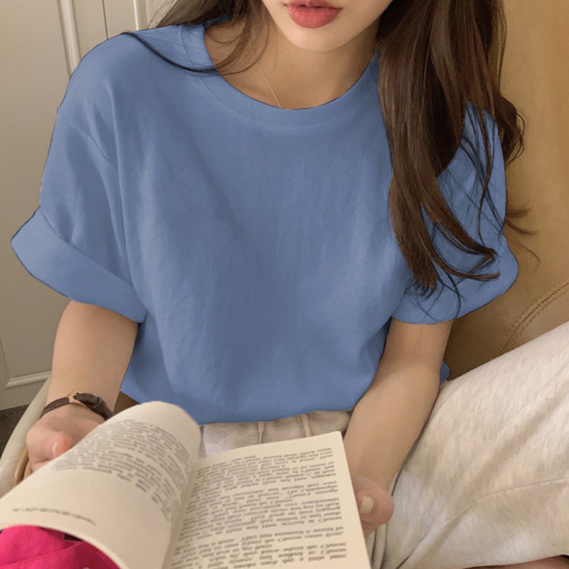 Áo Thun Cổ Tròn Tay Ngắn Dạng Cuộn Màu Sắc Kẹo Ngọt Đơn Giản Dành Cho Nữ